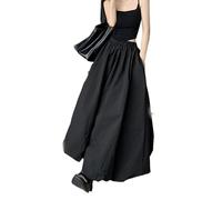 ARESU Jupe Maxi Ballon pour Femmes Mode coréenne Rue Noir Taille élastique A-Ligne rétro Jupe Longue Ample pour Femmes décontracté-Noir-S
