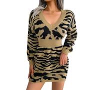 ARESU Mode Imprimé Léopard Robes Pull Tricotées pour Femmes 2023 Automne Hiver Lanterne Robe À Manches Longues Dame Pulls Occasionnels Robe-Kaki-M