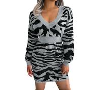 ARESU Mode Imprimé Léopard Robes Pull Tricotées pour Femmes 2023 Automne Hiver Lanterne Robe À Manches Longues Dame Pulls Occasionnels Robe-Gris-L