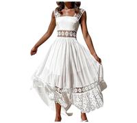 ARESU Robe Blanche en Dentelle au Crochet ajourée pour Femme, sans Manches, Dos Nu, décontractée, Style bohème, Ample, Plage, Maxi, en Coton, Blanc, S