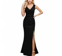 ARESU Robe de soirée Sexy sans Manches pour Femme - Couleur Unie - Fendue sur Le côté - Longue Robe Formelle - Noir - M