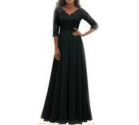 ARESU Robe élégante en Mousseline de Soie en Dentelle pour Femmes, Couleur Unie, Manches 3/4 Creuses, Grande Robe de soirée trapèze, Robes Formelles pour Robe d'invité de Mariage-Noir-XL