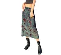 ARESU Robe Maxi Vintage pour Femme Jupe Midi à imprimé Floral Taille Basse Jupe Maxi Streetwear-Vert-S