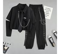 ARESU Salopette à chaîne d'automne pour Femmes, T-Shirt Ample + Salopette Taille Haute, bel Ensemble Deux pièces-Noir 2 pièces-S