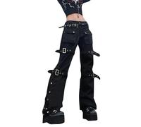 ARESU Style Punk Gothique Jean Noir Femme Streetwear Boucle en Métal Ourlet Fente Pantalon Flare pour Femme Y2K Vintage Pantalon Évasé Droit-Noir-M