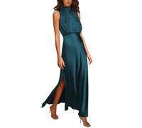ARESU Vintage col Montant sans Manches Robes en Satin Femmes élégantes Haute Fente Formelle fête Longue Robe Femme Taille Mince Robe de soirée-Bleu-S