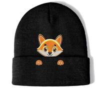 Aretas Bonnet Renard Mütze Beanie Chapeau Cadeau pour Femmes Dames Filles Fox Déco Mignon Kawaii Amusant Animal Affaires Cadeaux Chapeau Tricoté avec Broderie, Noir , taille unique