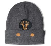 Aretas Bonnet teckel - Cadeau pour homme et femme - Cadeau pour propriétaire de chien - Décoration teckel - Cadeau unisexe - Bonnet tricoté brodé, gris, taille unique
