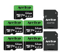 AreTop Carte Micro SD 64Go, Carte SD Lot de 5, SDXC, U3, V30, C10, UHS-I, Carte Mémoire avec Adaptateur pour Tablette/Drone/Dash Cam/Camera/Phone/Nintendo-Switch/PC，Lecture maximale 90 Mo/s