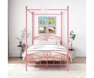 ARFARLY Lit à baldaquin Cadre de lit Double Lit en métal Cadre de lit Sommier à lattes Lit de chambre Meuble de chambre Lit conjugal Rose 120 x 200 cm