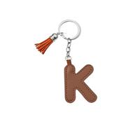 ARFUKA Porte-clés en forme de lettre avec pompon coloré en cuir synthétique - Porte-clés de l'alphabet K - Jolie breloque de sac, accessoires de décoration de sac à dos pour homme et femme, marron