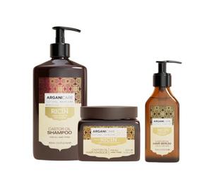 ARGANICARE | Gamme Ricin | Shampoing + Masque + Sérum | Accélérateur de Croissance | Apaise le cuir Chevelu | Nourrit et Renforce le cuir Chevelu | Cheveux Fort et Brillant | 400ML + 500ML + 100ML