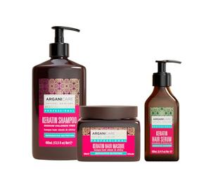 ARGANICARE | Shampooing + Masque + Sérum Kératine | Régénère Intensément les Cheveux | Prévient & Traite les Pointes Fourchues | Cheveux Doux & Brillants | Fabriqué en France | 400ML + 500ML + 100ML