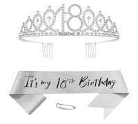 Argent 18th Anniversaire Couronne et Écharpe Fille 18e Anniversaire Décoration Strass Anniversaire Tiare Princesse Couronne Queen Tiara Anniversaire Écharpe Filles 18 ans Décoration Fête Vêtements