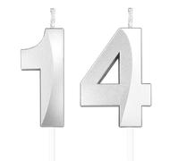 Argent bougies d'anniversaire en forme de chiffre 14, 3D bougies Argent décoration de gâteau,décoration de gâteau pour fête d'anniversaire, mariage,bougie d'anniversaire pour gâteau