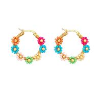 Argent Femme paire de d'oreilles à fleurs bohème printemps et été fleurs colorées d'oreilles en perles pour femmes rondes perlées (A, One Size)