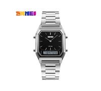 (Argent Noir) SKMEI Hommes Mode Casual Quartz Montres-bracelets Numérique Double Fuseau Horaire Sport