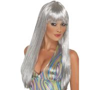 Argent Paillette Perruque 60s 70s Disco Long Robe Glamour Accessoire