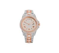 (Argent rose) MISSFOX New Day Date Montre pour homme Luxe Full Diamond Silver Quartz Montre-bracelet