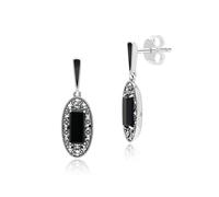 Argent Sterling Art Déco Style Ovale Onyx,Marcassite & Émail Noir Goutte Boucles
