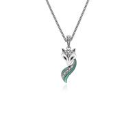 Argent Sterling Art Nouveau Marcassite, Vert & Noir Émail Fox Pendentif Collier