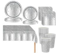 Argent Vaisselle de fete 81 Pièces Argent Jetables Anniversaire Vaisselle Papier Assiettes Papier Tasses Serviettesr Nappe,pour Anniversaire Fête Mariages Fête de Baby Shower Pique-niques-20 Invités