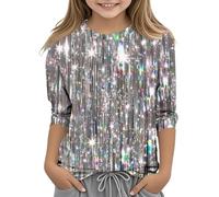 Argenté Tee Shirt Manche 3/4 Longue Enfant Fille 3-14 Ans, Tshirts Imprimé Brillant Métallisé, Mode Basique Hauts Top pour Adolescent Costumes de Carnaval Halloween Fete Party