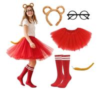 Arglfty Déguisement Chipmunks Set 5 Pièces, Tenue Cosplay Mignonne avec Bandeau Oreilles Tamia, Lunettes Rondes, Jupe Tutu, Chaussettes Genou Rayées & Queue Peluche pour Halloween, Carnaval