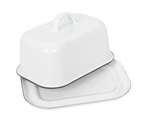 Argon Tableware 1x Bleu 18.5cm x 10cm Blanc Beurrier en émail avec Couvercle - Ancien Cuisine Réfrigérateur Fromage Récipient Plateau