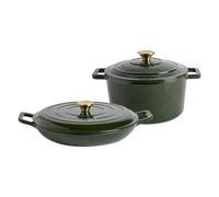 Argon Tableware 2.3L/4.5L Peu Profond Cocotte en Fonte Set avec Couvercles Auto-Arrosants - Vert - 2pc Plaque à Induction Cuisson du Pain Portion Grillage Ragoût Marmite Ustensiles de Cuisine