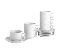 Argon Tableware 24 Piece Classic White Stacking Teacup & soucoupe - Thè Porcelaine Cafè Tasse avec vaisselle - 200ml