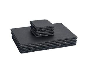 Argon Tableware Ensemble de 12 sets de table et dessous de verre rectangulaires en ardoise - Napperons en pierre naturelle noire pour cuisine, maison, bar, restaurant, mariages