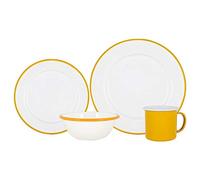 Argon Tableware Ensemble de dîner en émail Blanc de 16 pièces - en métal Plaques de Camping en Plein air Bols Tasses pour 4 - Jaune