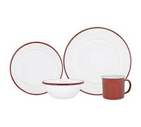 Argon Tableware Ensemble de dîner en émail blanc de 16 pièces - Plaques de camping en plein air Plaques de camping en plein air Tasses pour 4 - Rouge
