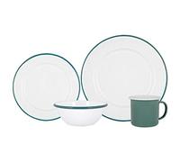 Argon Tableware Ensemble de dîner en émail Blanc de 16 pièces - Plaques de Camping en Plein air Plaques de Camping en Plein air Tasses pour 4 - Vert