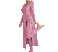 Argumub Haut et pantalon côtelés, t-shirt à manches longues pour femme avec col rond et fente latérale ainsi que leggings très élastiques, Rose, M