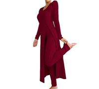 Argumub Haut et pantalon côtelés, t-shirt à manches longues pour femme avec col rond et fente latérale ainsi que leggings très élastiques, rouge, M