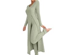 Argumub Haut et pantalon côtelés, t-shirt à manches longues pour femme avec col rond et fente latérale ainsi que leggings très élastiques, cyan, M