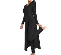 Argumub Haut et pantalon côtelés, t-shirt à manches longues pour femme avec col rond et fente latérale ainsi que leggings très élastiques, Noir , M