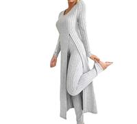 Argumub Haut et pantalon côtelés, t-shirt à manches longues pour femme avec col rond et fente latérale ainsi que leggings très élastiques, gris, M