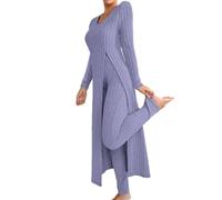 Argumub Haut et pantalon côtelés, t-shirt à manches longues pour femme avec col rond et fente latérale ainsi que leggings très élastiques, lilas, M