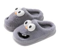 Argumub Pantoufles d'hiver en peluche et confortables à semelle épaisse 3D pour couples - Motif chien à gros yeux - Chaussons amusants pour la maison, gris, 39 EU