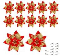 ARHAR Fleurs de Noel, 12Pcs Décorations De Noël Glitter Artificielles,5.5 '' Glitter Artificielles Fleurs de Noel pour Décorations de Noël Maison Porte- d'or (Doré Rouge)