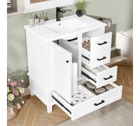 Arhatreya Armoire de salle de bain à poser au sol, 76 x 46 x 83,5 cm, avec lavabo, entièrement laquée, étagère de porte, trois tiroirs silencieux, lavabo en céramique intégré, blanc