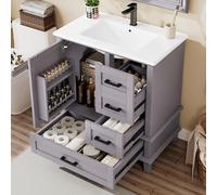 Arhatreya Armoire de salle de bain au sol 76 x 46 x 83,5 cm avec lavabo, meuble de salle de bain, entièrement laqué, étagère de porte, trois tiroirs silencieux, lavabo en céramique intégré, gris