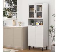 Arhatreya Bibliothèque haute avec porte en verre trempé et plateau réglable, 4 portes, meuble de rangement en MDF laqué pour salon et chambre à coucher, blanc