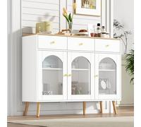 Arhatreya Buffet à 3 tiroirs et 3 portes incurvées avec large armoire en verre trempé pour tables de buffet dans les cuisines et les salles à manger, blanc et naturel