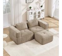 Arhatreya Canapé d'angle 2 places en forme de L avec tabouret Sable | Mousse 32D haute densité, assise profonde, tissu doux pour la peau, antidérapant