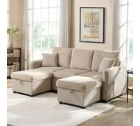 Arhatreya Canapé d'angle moderne 3 places en forme de U avec grands tiroirs et tabouret - Canapé rembourré pour salon, appartement, bureau, tissu chenille - Beige