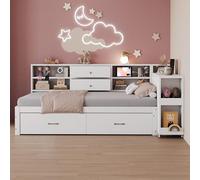 Arhatreya Canapé-lit 90 x 200 cm, en forme de L, avec bureau, lit simple, avec compartiments de rangement cachés et étagères, lit de jour avec tiroirs, pour appartement, chambre à coucher (sans